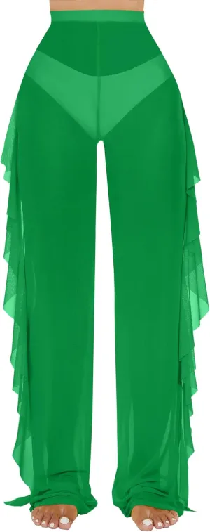 Jumppmile Women's Ruffle Sheer Mesh Swimwear Bikini Cover Up Pants See Through