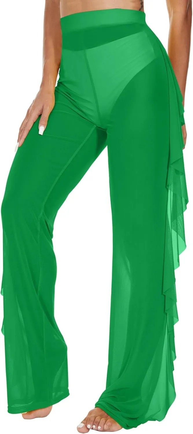 Jumppmile Women's Ruffle Sheer Mesh Swimwear Bikini Cover Up Pants See Through