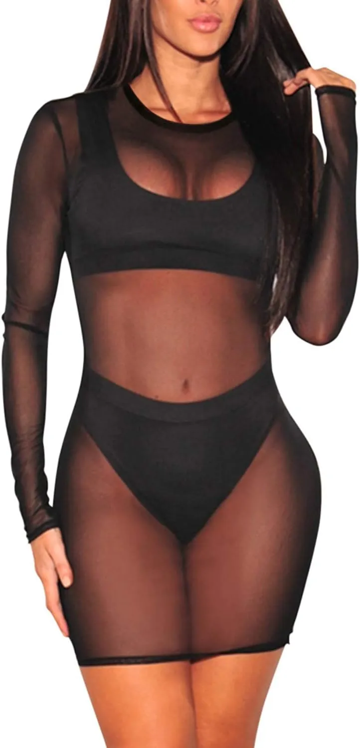 Jumppmile Women's Sheer Mesh Long Sleeve See Through Swimwear Bikini Cover Up Dress