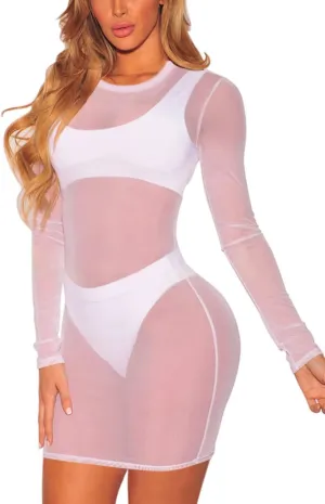 Jumppmile Women's Sheer Mesh Long Sleeve See Through Swimwear Bikini Cover Up Dress