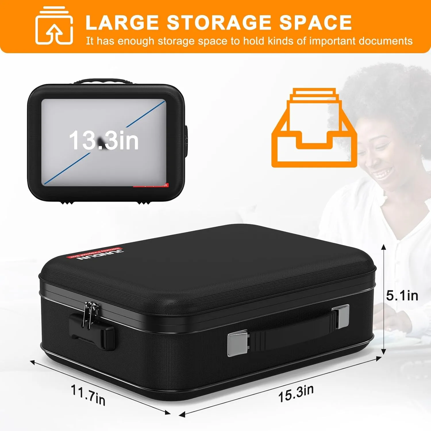 JUNDUN Fireproof Document Box,Hard Case Fireproof Document Organizer with Lock，Home Travel Portable Fireproof Safe Storage Box Case for Letter Size Documents,Files,Papers and Passport,Black