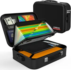 JUNDUN Fireproof Document Box,Hard Case Fireproof Document Organizer with Lock，Home Travel Portable Fireproof Safe Storage Box Case for Letter Size Documents,Files,Papers and Passport,Black