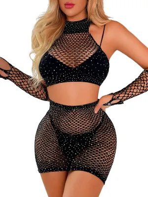 Kaei&Shi Rave Outfits for Women Festival,Glitter Rhinestone Fishnet Skirt Set,Sexy Mesh Swimsuit Cover Up Pool Party Outfit