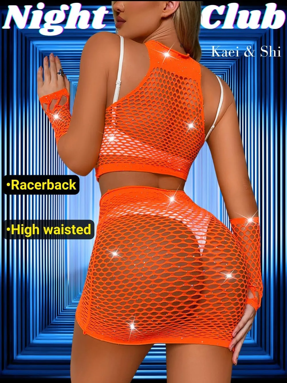 Kaei&Shi Rave Outfits for Women Festival,Glitter Rhinestone Fishnet Skirt Set,Sexy Mesh Swimsuit Cover Up Pool Party Outfit