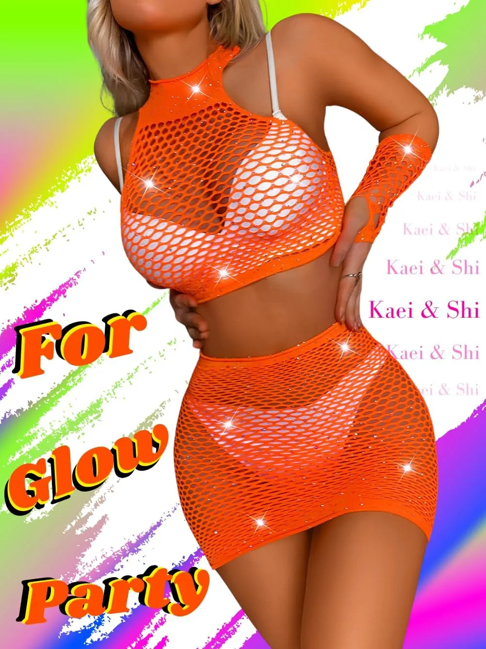 Kaei&Shi Rave Outfits for Women Festival,Glitter Rhinestone Fishnet Skirt Set,Sexy Mesh Swimsuit Cover Up Pool Party Outfit