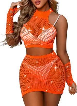 Kaei&Shi Rave Outfits for Women Festival,Glitter Rhinestone Fishnet Skirt Set,Sexy Mesh Swimsuit Cover Up Pool Party Outfit