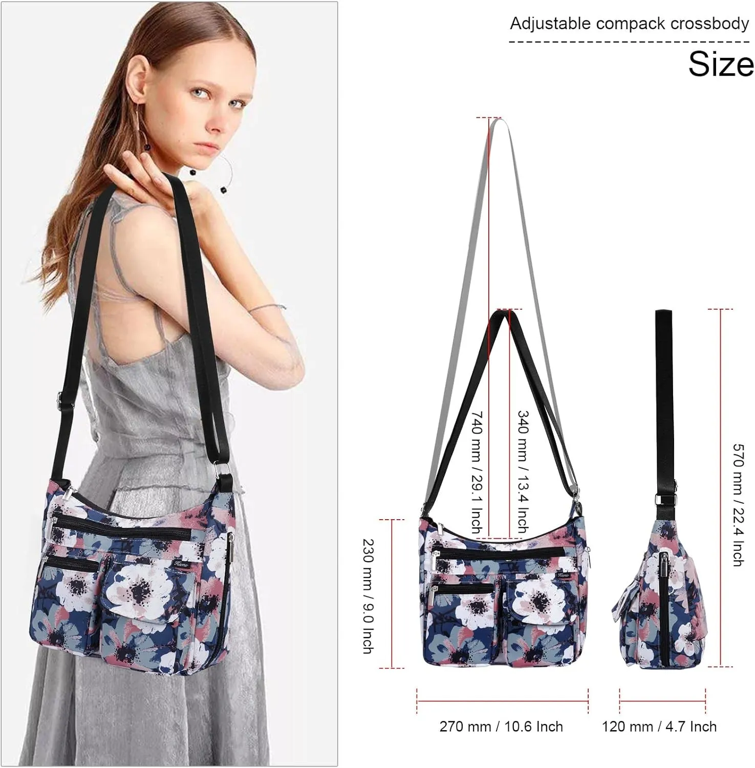 Kamo Crossbody for Women - Multi-pocket Shoulder Lightweight Messenger Casual Printed Purse Handbag Travel Bag