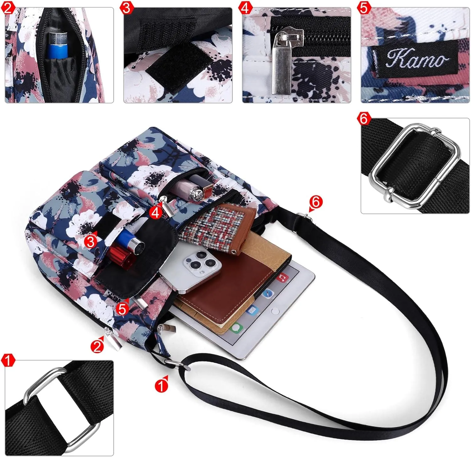 Kamo Crossbody for Women - Multi-pocket Shoulder Lightweight Messenger Casual Printed Purse Handbag Travel Bag