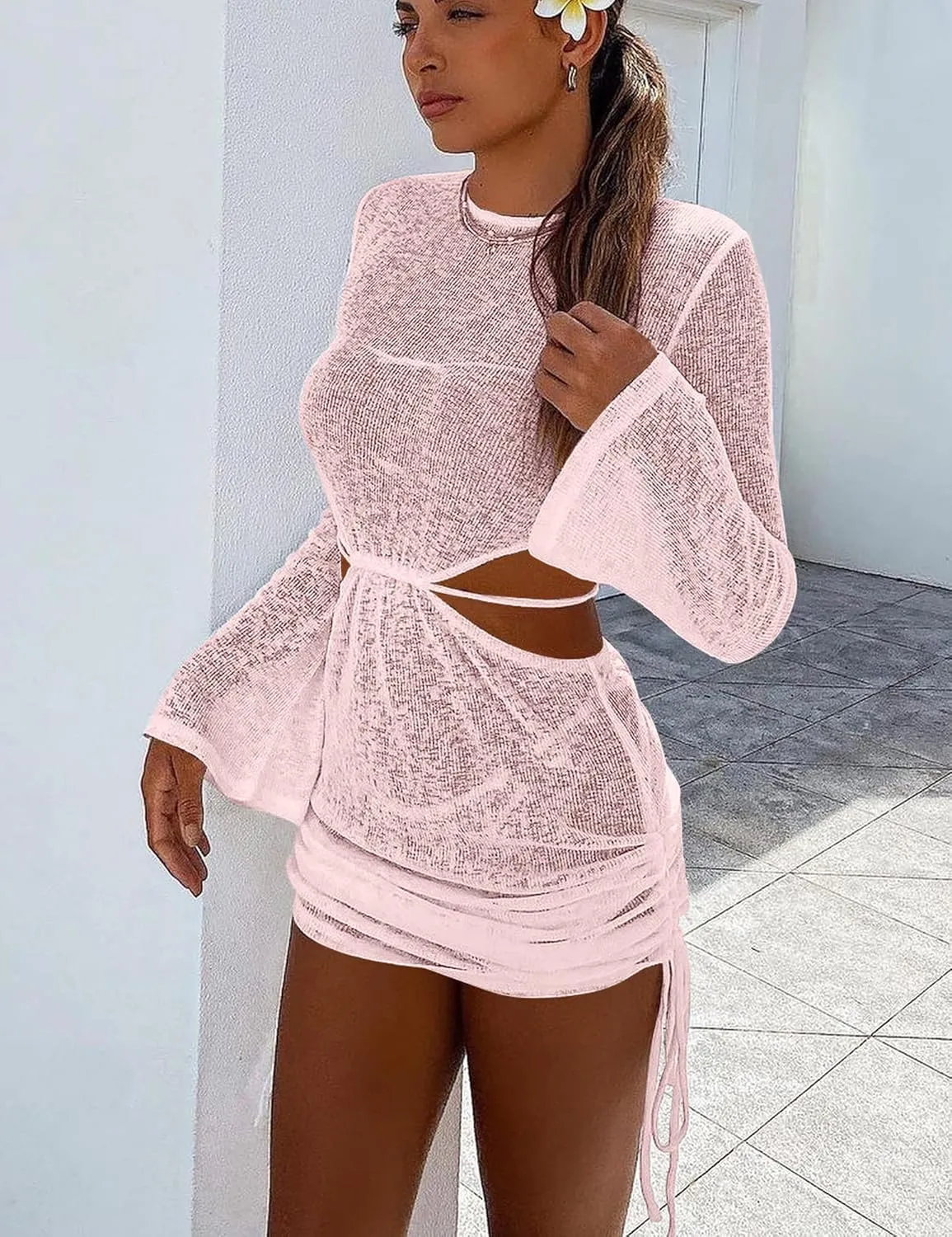 Kaximil Women's Swimsuit Coverup Long Sleeve Sexy Beach Bathing Suit Cover Ups Mini Dress Swimwear