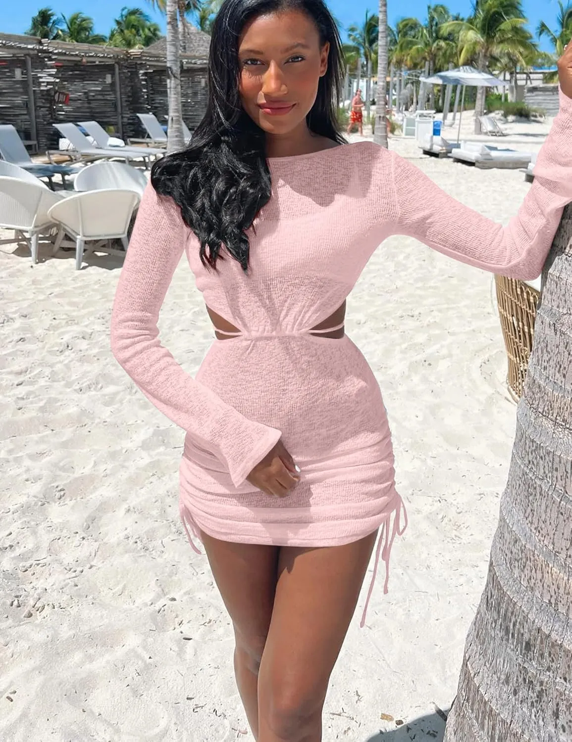Kaximil Women's Swimsuit Coverup Long Sleeve Sexy Beach Bathing Suit Cover Ups Mini Dress Swimwear
