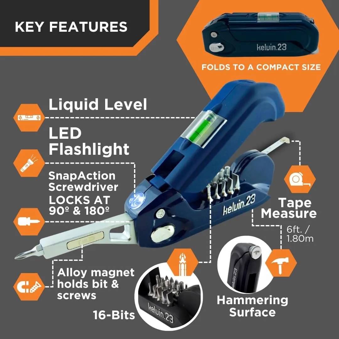 Kelvin Tools Kelvin 23 Urban Multi Tool Screwdriver Set All in One with 16 Bit Set, Tape Measure, Liquid Level, Hammer, Flashlight Multibit Pocket Tool, Universal Precision Screwdriver - Black
