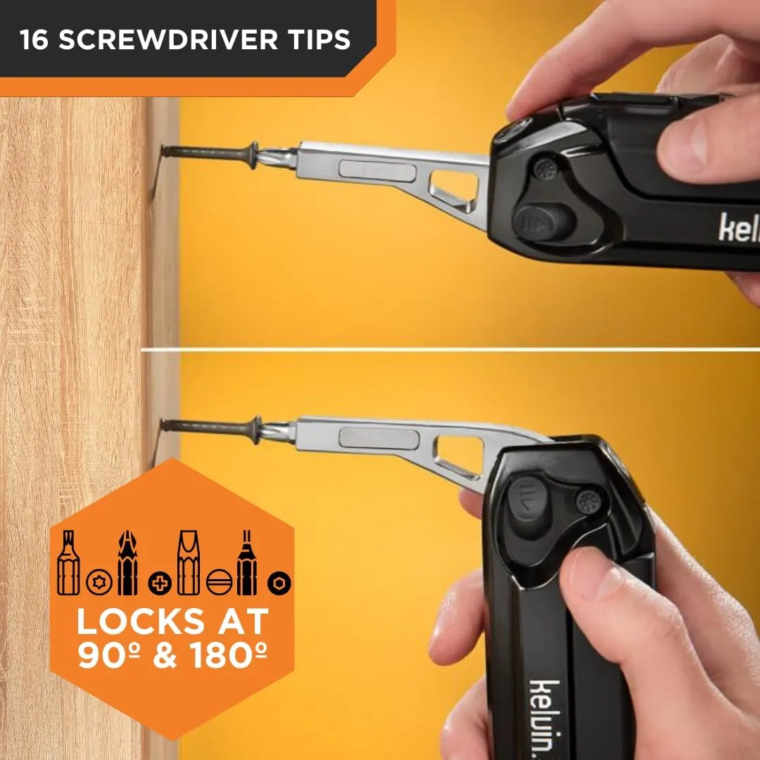 Kelvin Tools Kelvin 23 Urban Multi Tool Screwdriver Set All in One with 16 Bit Set, Tape Measure, Liquid Level, Hammer, Flashlight Multibit Pocket Tool, Universal Precision Screwdriver - Black
