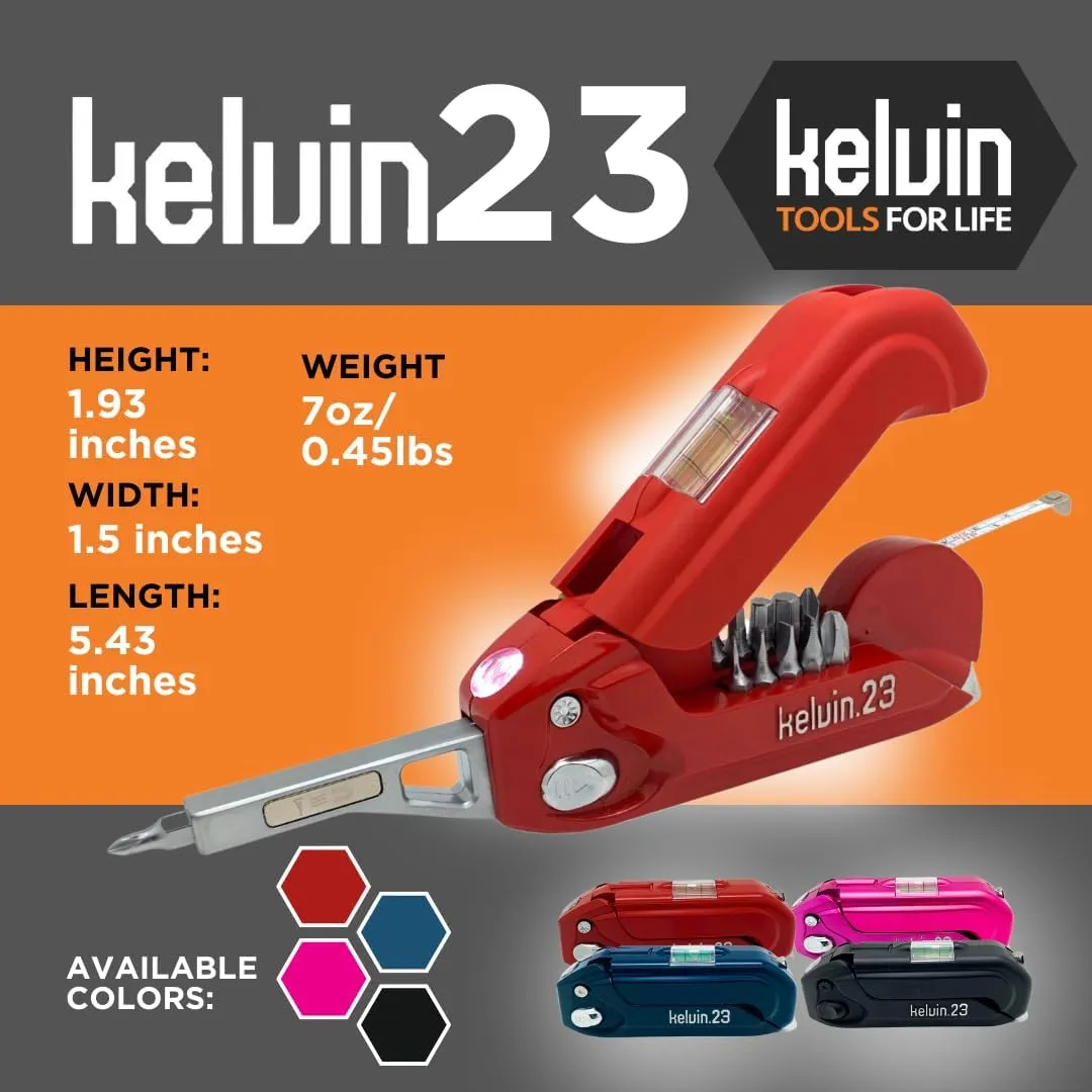 Kelvin Tools Kelvin 23 Urban Multi Tool Screwdriver Set All in One with 16 Bit Set, Tape Measure, Liquid Level, Hammer, Flashlight Multibit Pocket Tool, Universal Precision Screwdriver - Black