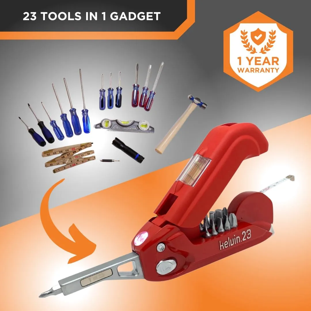 Kelvin Tools Kelvin 23 Urban Multi Tool Screwdriver Set All in One with 16 Bit Set, Tape Measure, Liquid Level, Hammer, Flashlight Multibit Pocket Tool, Universal Precision Screwdriver - Black