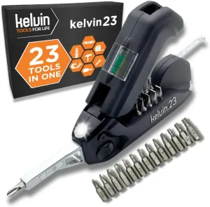 Kelvin Tools Kelvin 23 Urban Multi Tool Screwdriver Set All in One with 16 Bit Set, Tape Measure, Liquid Level, Hammer, Flashlight Multibit Pocket Tool, Universal Precision Screwdriver - Black