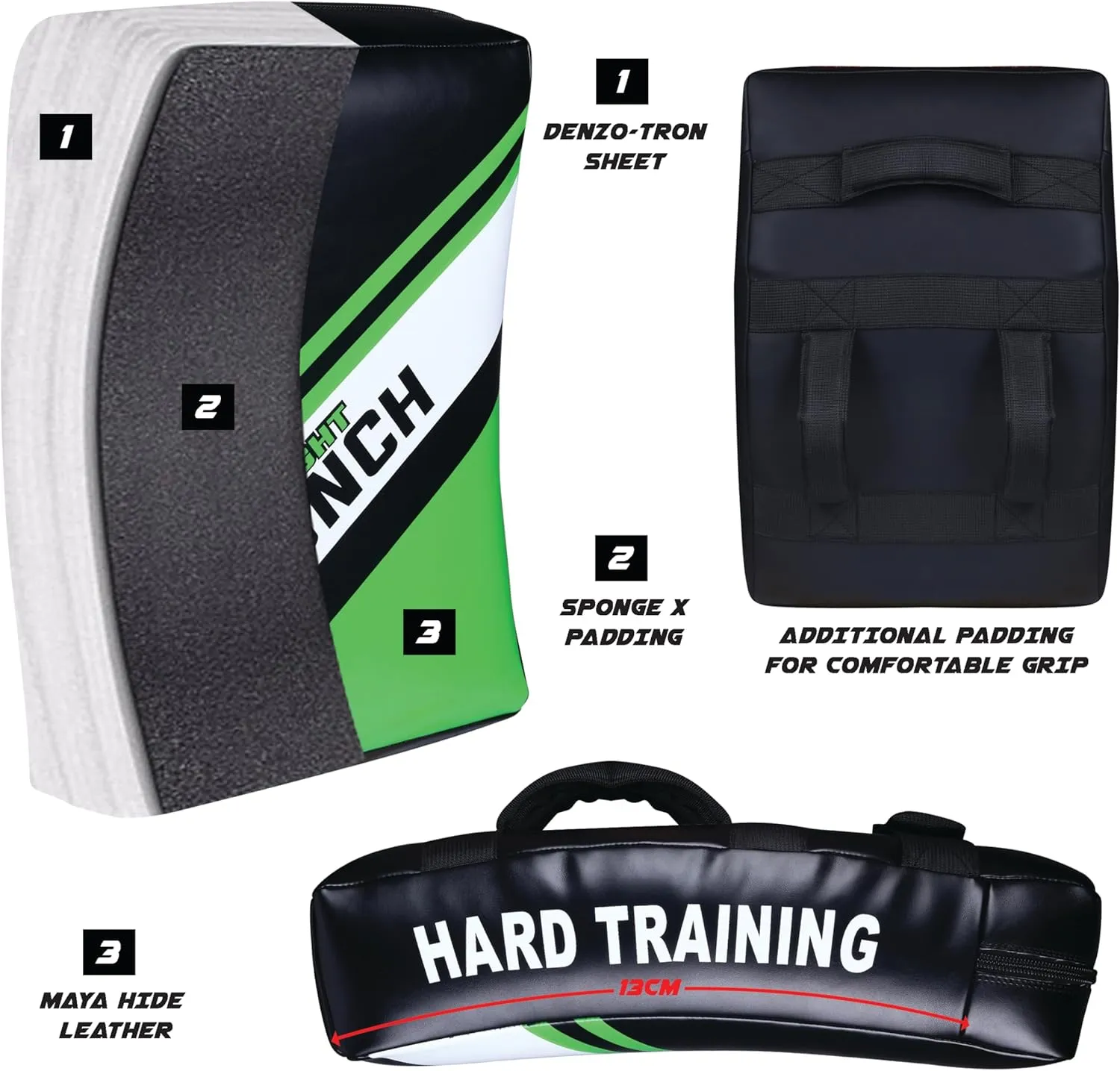 Kick Shield Muay Thai Kick Pads– Leather Thai Pads with Curved Shape for Martial Arts Training Thick Padding Coaching Gear for MMA, Boxing, Fitness Training & Fighting Sports