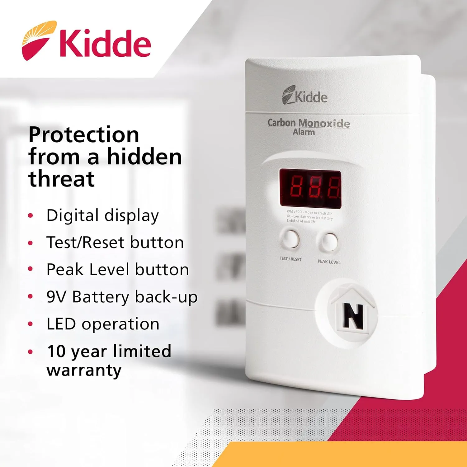 Kidde Carbon Monoxide Detector, Plug In Wall with 9-Volt Battery Backup, Digital LED Display