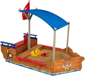 KidKraft Wooden Pirate Sandbox with Canopy, Covered Children's Sandbox, Outdoor Furniture - Blue & Red, Gift for Ages 3-8