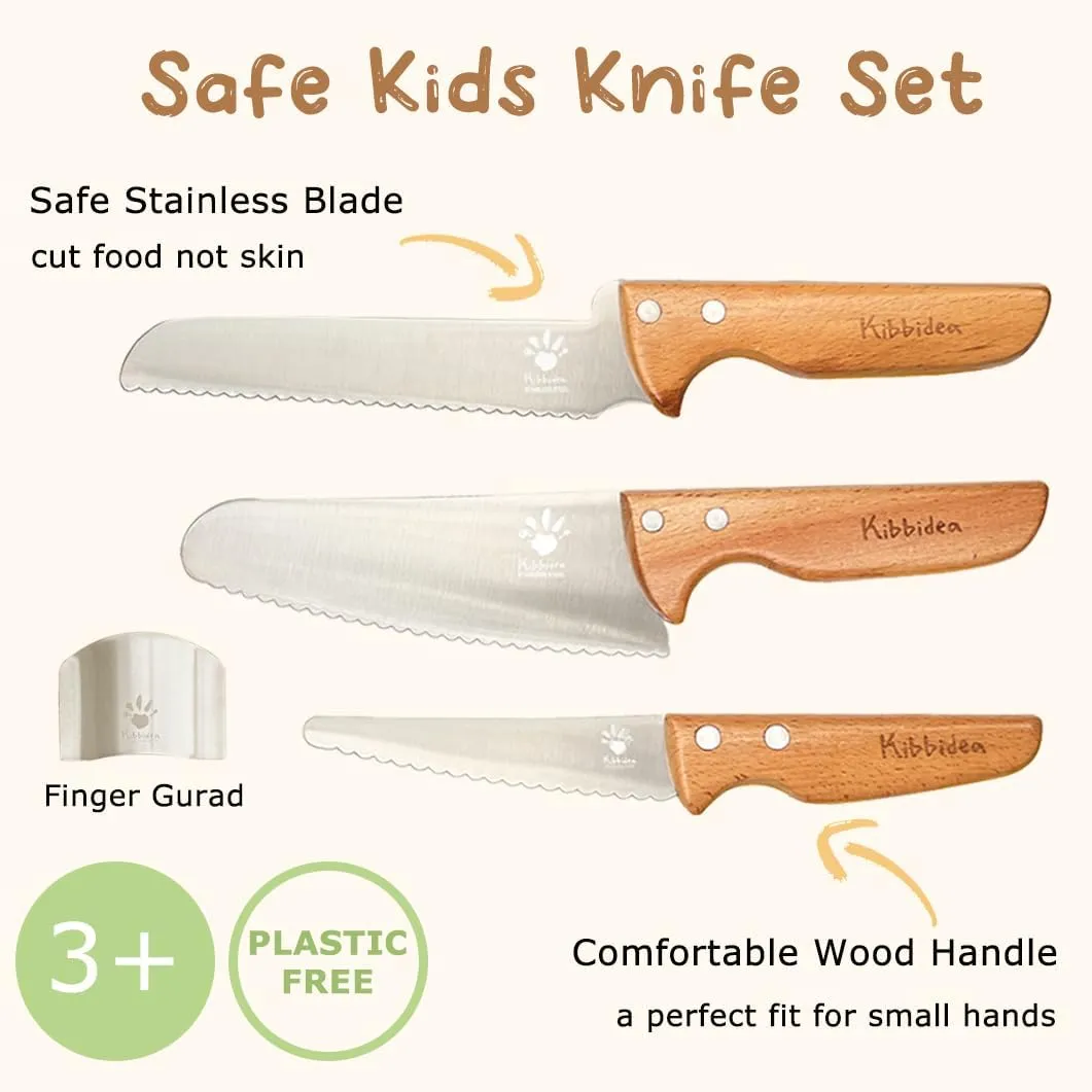 Kids Knife Set for Real Cooking Safe, 4pcs Kids Kitchen Cutting Chopping Knives, Stainless Steel Blades, Metal Children First Starter knife, BPA-free Tool (Silver)