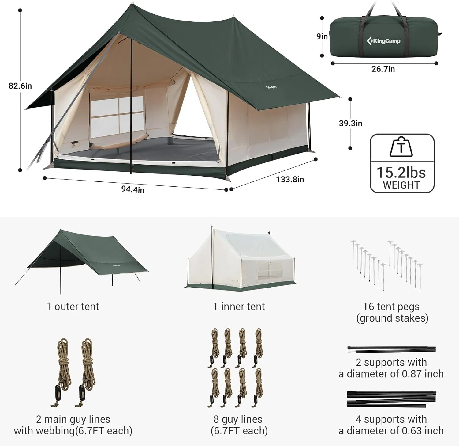 KingCamp Canvas Cabin Tent with Large Windows, Waterproof & Breathable 4 Season Tents, Easy Setup Glamping Tent with Carry Bag, for Camping, Picnic