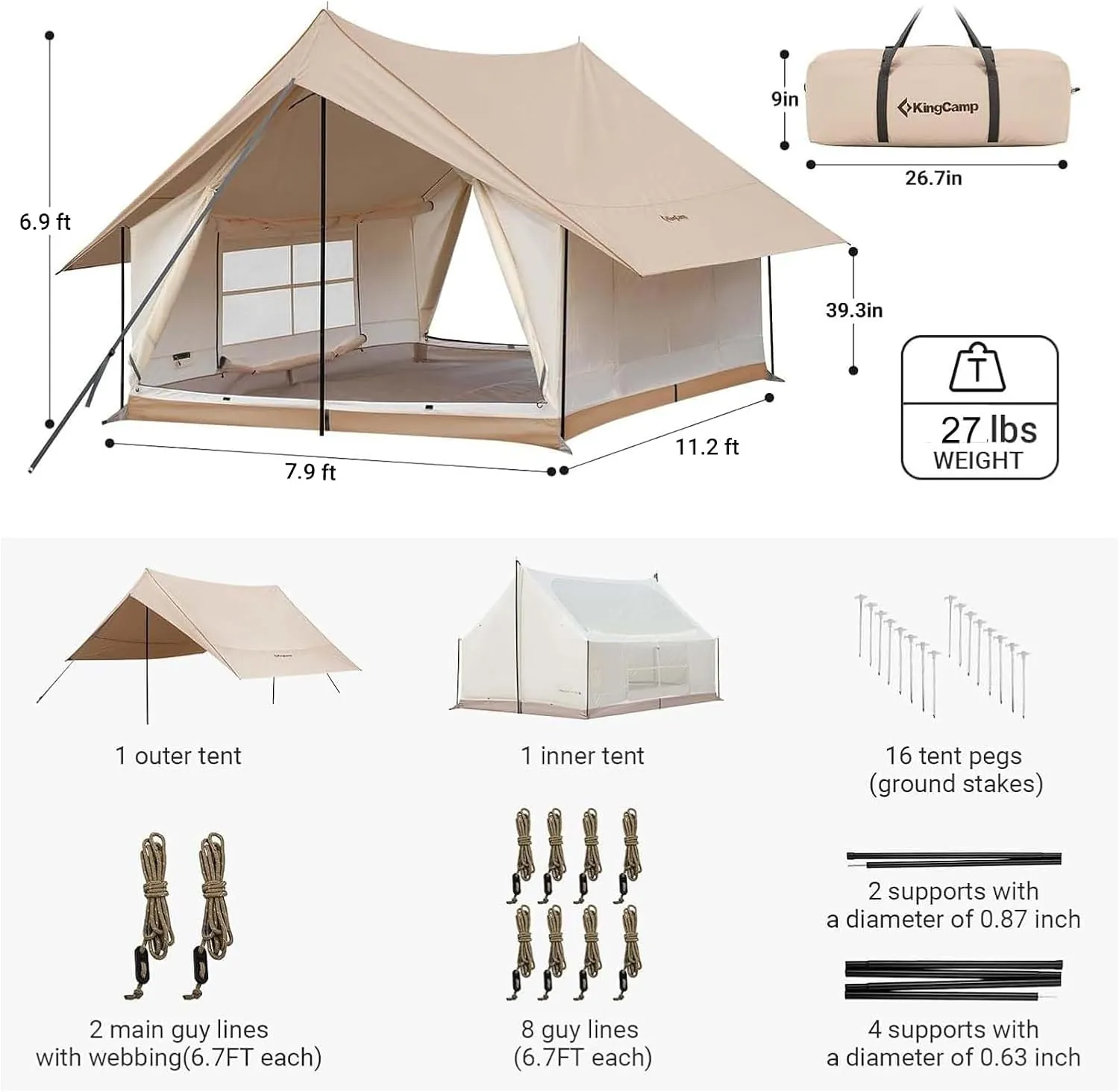 KingCamp Canvas Cabin Tent with Large Windows, Waterproof & Breathable 4 Season Tents, Easy Setup Glamping Tent with Carry Bag, for Camping, Picnic