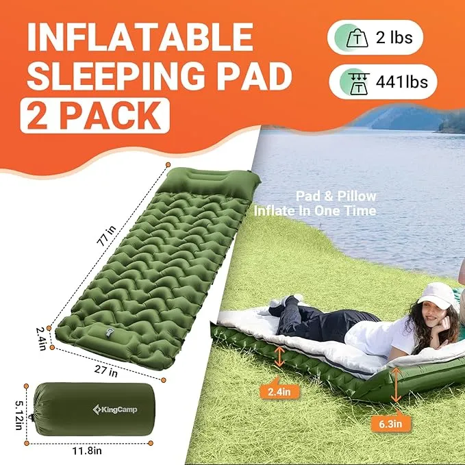 KingCamp Sleeping Pads for Camping, Self Inflating Camping Mattress with Built-in Foot Pump, Connectable Durable Inflatable Sleeping Mat with Pillow, Compact Camping Air Mattress for Camping Hiking