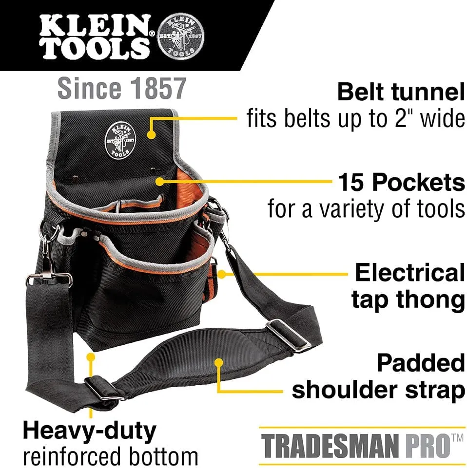 Klein Tools 5243 Tradesman Pro Tool Pouch with Padded Shoulder Strap, Reinforced Bottoms and Electrical Tape Thong, 15-Pocket