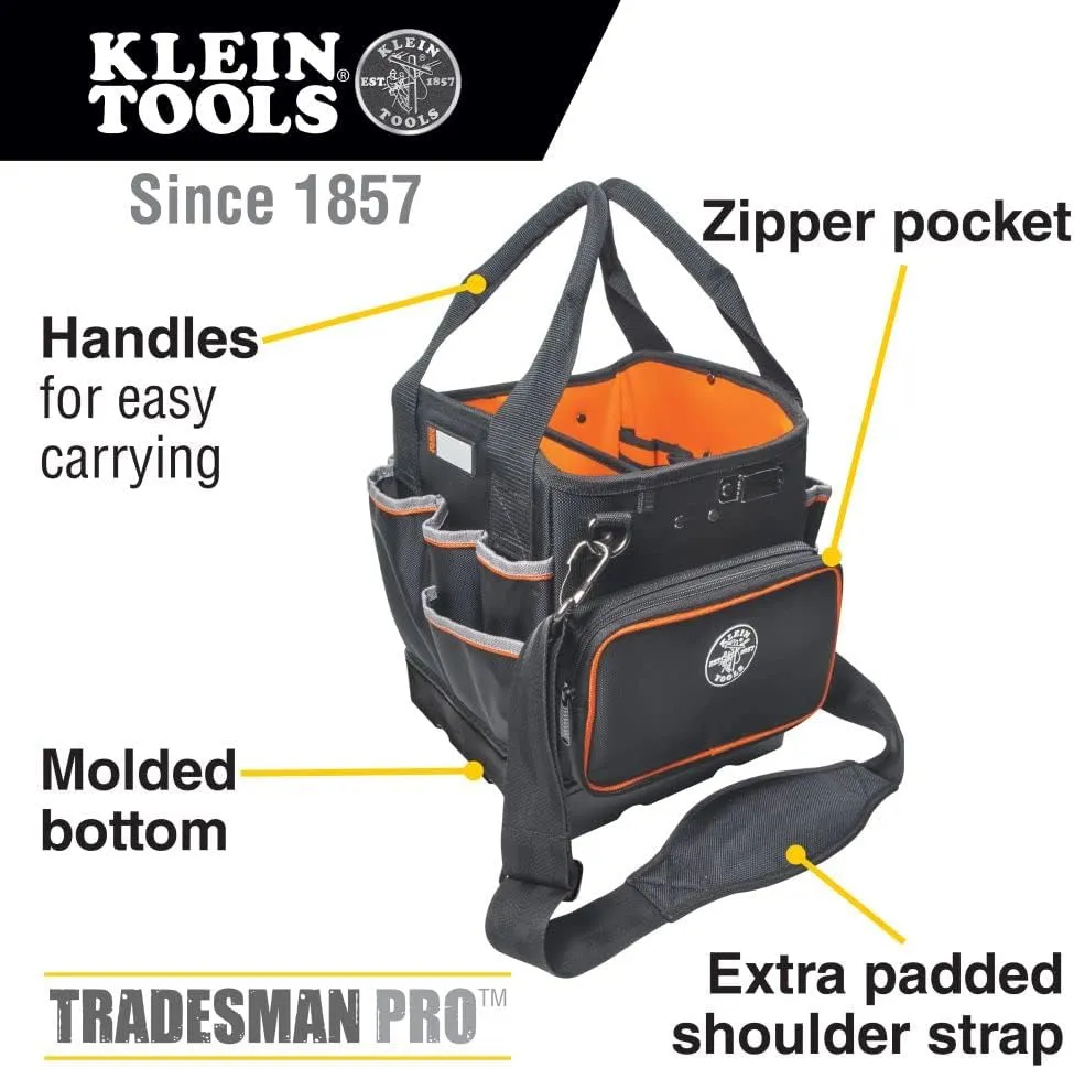 Klein Tools 5541610-14 Tool Bag with Shoulder Strap Has 40 Pockets & 32581 4-in-1 Electronics Screwdriver Set with Precision Machines Bits: 2 Slotted, 2 Phillips, and Cushion Grip Handles, 4-Piece