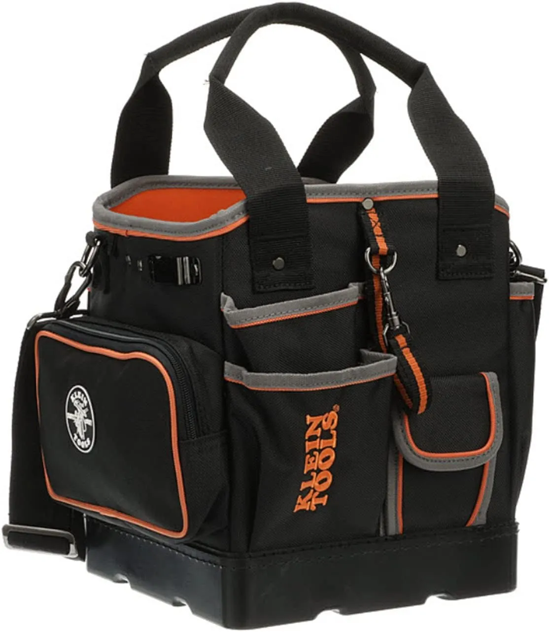 Klein Tools 5541610-14 Tool Bag with Shoulder Strap Has 40 Pockets & 32581 4-in-1 Electronics Screwdriver Set with Precision Machines Bits: 2 Slotted, 2 Phillips, and Cushion Grip Handles, 4-Piece