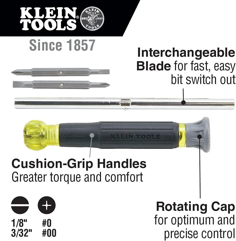Klein Tools 5541610-14 Tool Bag with Shoulder Strap Has 40 Pockets & 32581 4-in-1 Electronics Screwdriver Set with Precision Machines Bits: 2 Slotted, 2 Phillips, and Cushion Grip Handles, 4-Piece