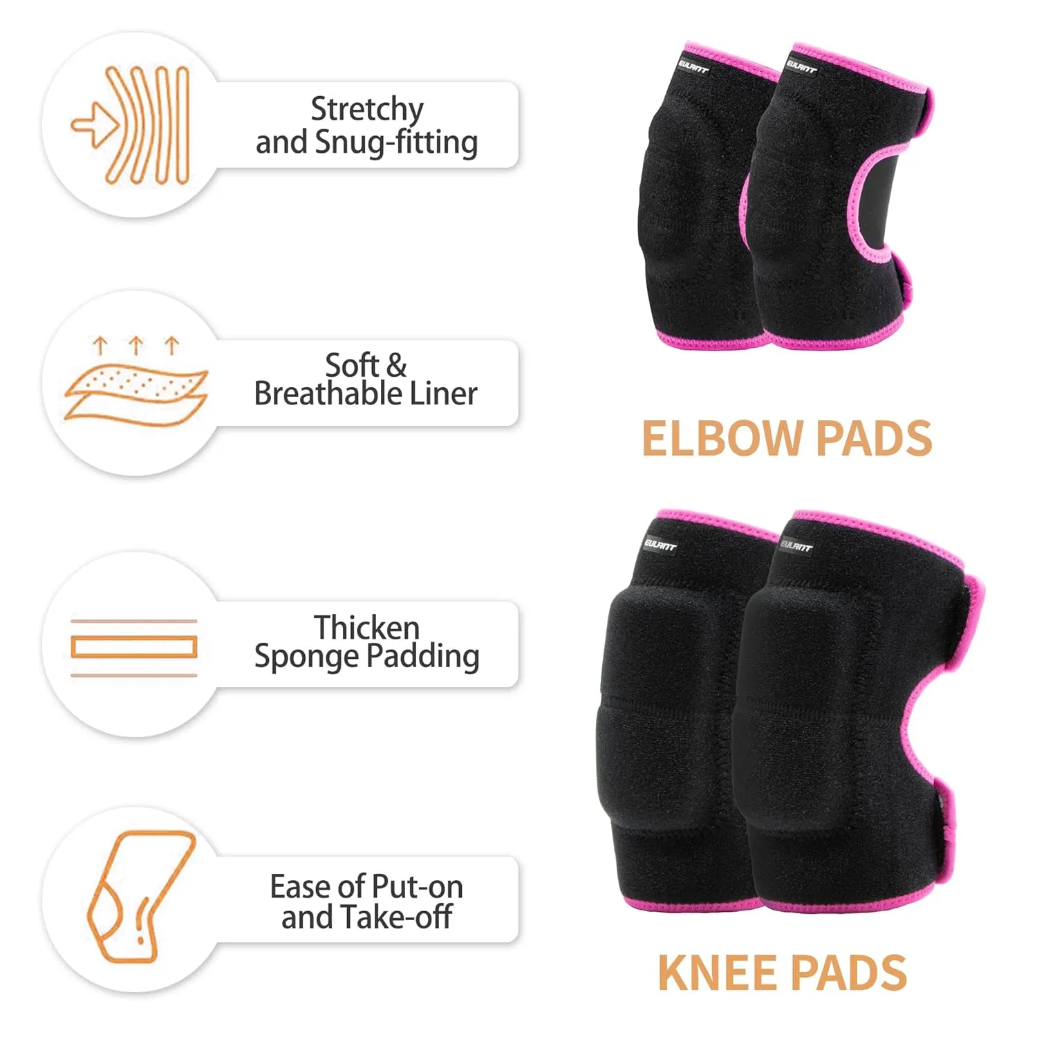 Knee Pads Elbow Pads Set for Kids, Youth Adjustable Knee Elbow Pads Protective Sets with Thickened SBR Pads for Riding Rollerblading Skating Skateboarding Snowboarding Volleyball（Black-Pink