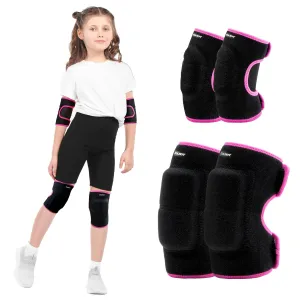 Knee Pads Elbow Pads Set for Kids, Youth Adjustable Knee Elbow Pads Protective Sets with Thickened SBR Pads for Riding Rollerblading Skating Skateboarding Snowboarding Volleyball（Black-Pink