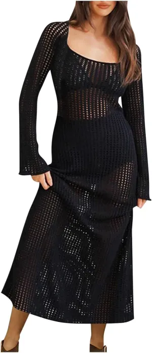 Knit Dresses for Women,Sexy Mesh Spring Dresses Summer Bathing Suit Cover Up Midi Dress Vacation Outfits
