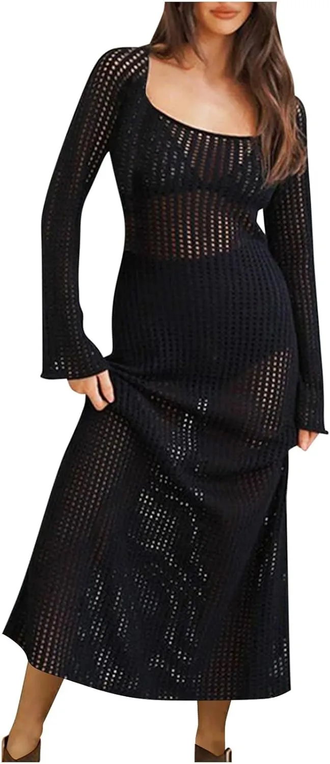 Knit Dresses for Women,Sexy Mesh Spring Dresses Summer Bathing Suit Cover Up Midi Dress Vacation Outfits