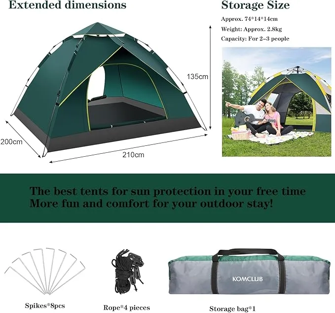 KOMCLUB Camping Tent 2/3/4 Person Tents for Family Camp Tent Waterproof Windproof Outdoor for Backpacking Hiking Easy Setup with Storage Bag,8 Ground ding,4 Windproof Rope