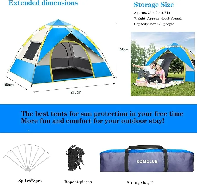 KOMCLUB Camping Tent 2/3/4 Person Tents for Family Camp Tent Waterproof Windproof Outdoor for Backpacking Hiking Easy Setup with Storage Bag,8 Ground ding,4 Windproof Rope