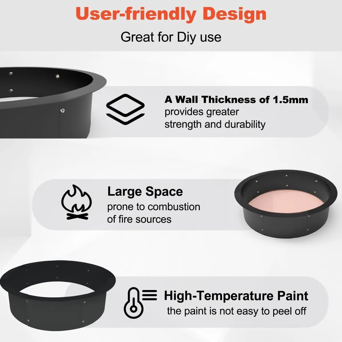Koutemie Outdoor Fire Pit Ring Liner 40-Inch Outer/36-Inch Inner Diameter, Heavy Duty Solid Metal Steel Round Firepit Rim Insert for Outside DIY Campfire Ring Above or In-Ground, Black