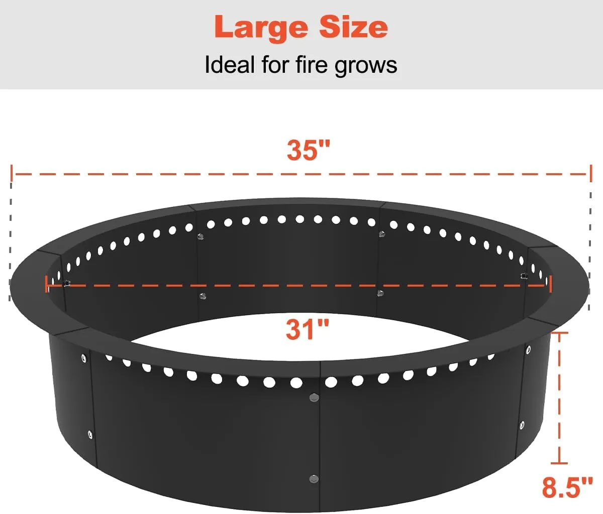 Koutemie Outdoor Smokeless Fire Pit Ring Liner 35-Inch Outer/31-Inch Inner Diameter, Heavy Duty Solid Metal Steel Round Firepit Rim Insert for Outside DIY Campfire Ring Above or In-Ground, Black