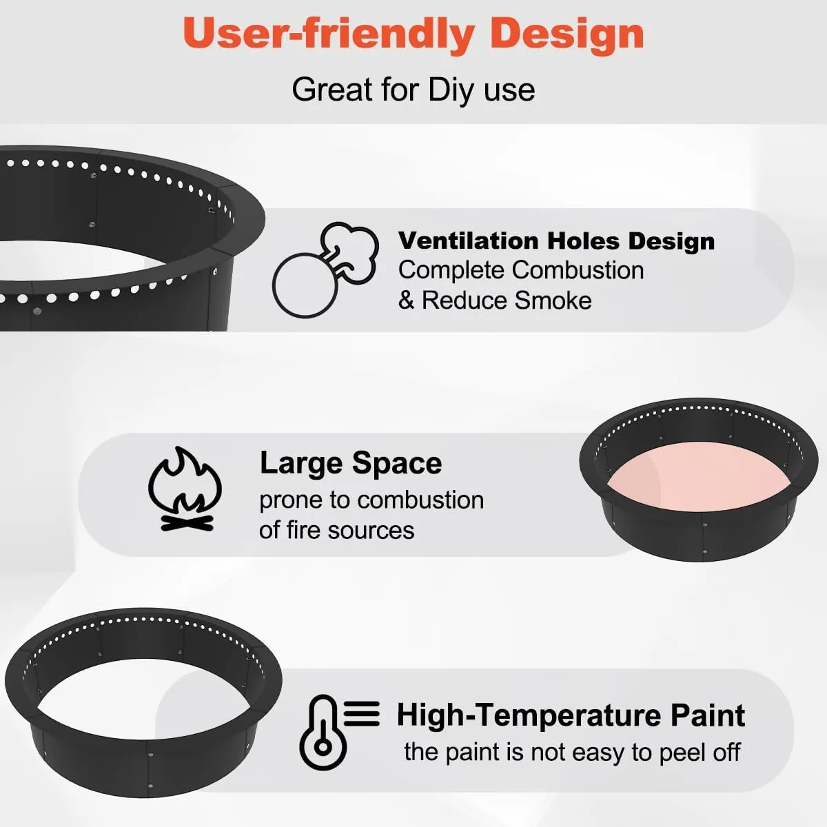 Koutemie Outdoor Smokeless Fire Pit Ring Liner 40-Inch Outer/36-Inch Inner Diameter, Heavy Duty Solid Metal Steel Round Firepit Rim Insert for Outside DIY Campfire Ring Above or In-Ground, Black
