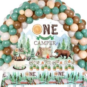 Kreatwow One Happy Camper Birthday Decorations Set Camping 1st Party Decorations Backdrop Tablecloth Safari Jungle Birthday Decorations Camping Themed Party Decorations Balloon Arch Kit Topper