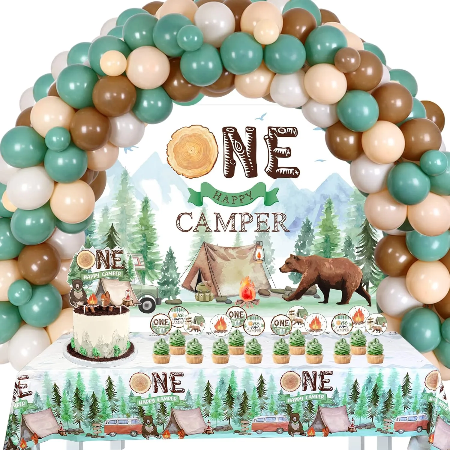 Kreatwow One Happy Camper Birthday Decorations Set Camping 1st Party Decorations Backdrop Tablecloth Safari Jungle Birthday Decorations Camping Themed Party Decorations Balloon Arch Kit Topper