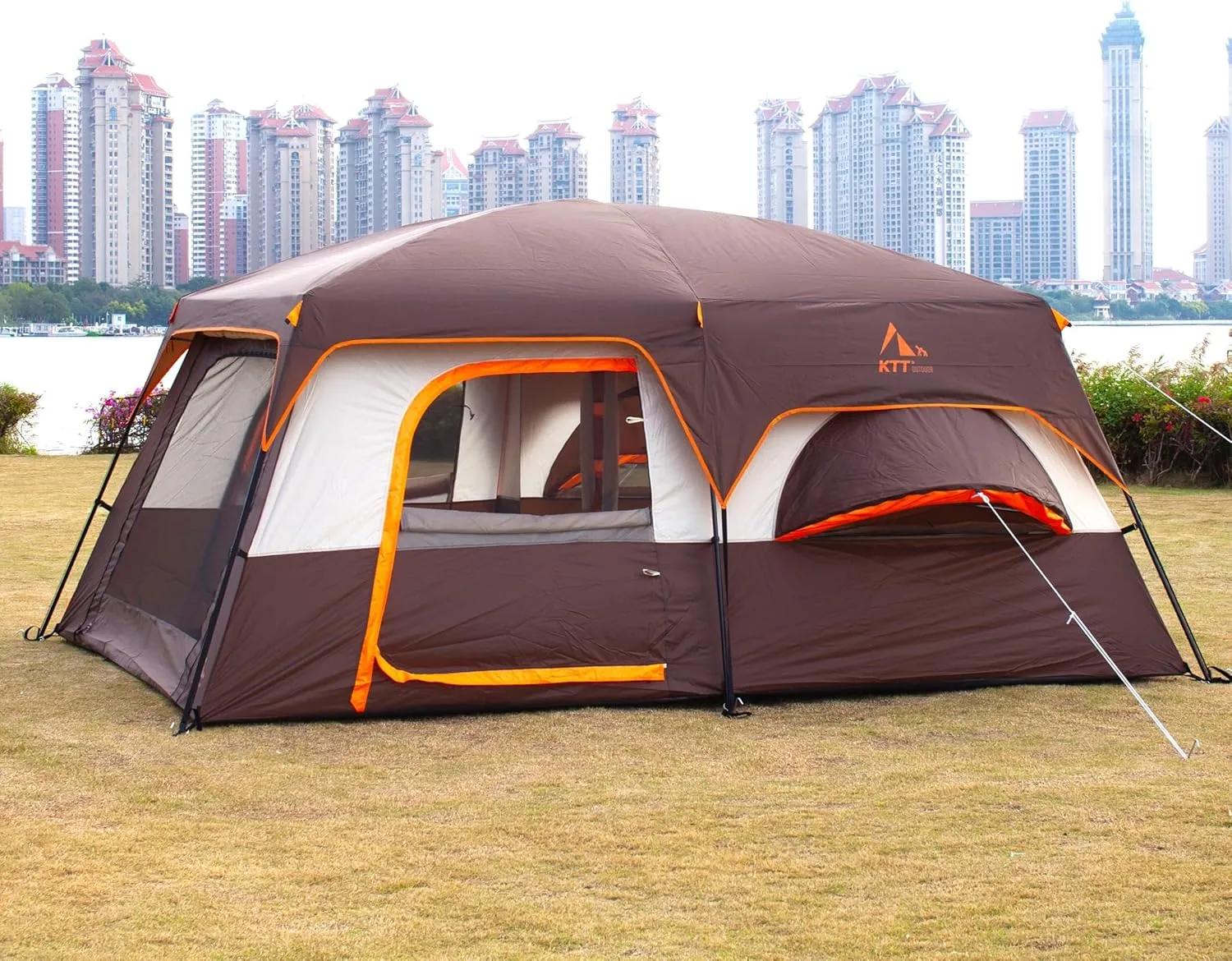KTT Extra Large Tent 12 Person,2 Bay-Windows,Family Cabin Tents,14'Lx10'Wx6.58'H,2 Rooms and 3 Doors 3 Windows with Mesh,Waterproof,Straight Wall,Big Tent for Outdoor,Picnic,Camping,Gathering