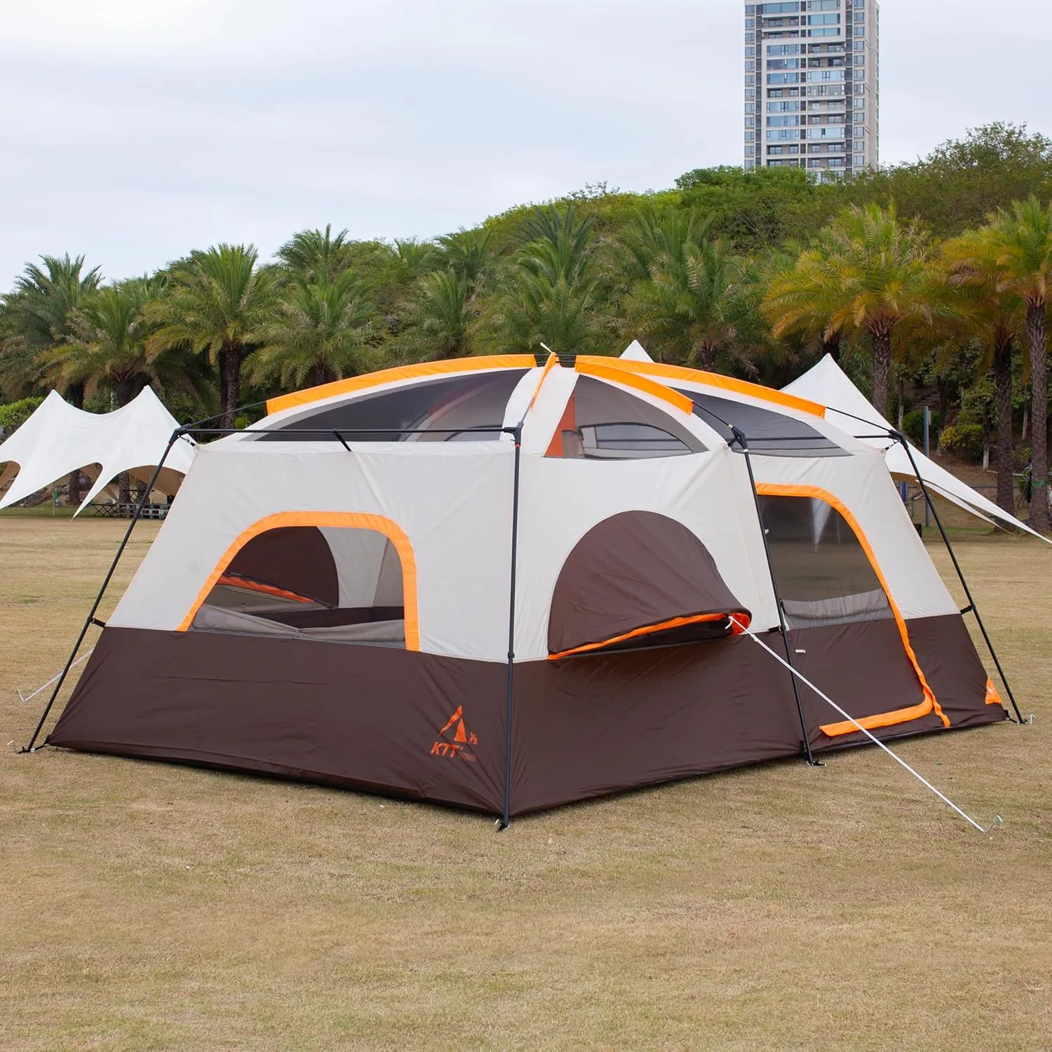 KTT Extra Large Tent 12 Person,2 Bay-Windows,Family Cabin Tents,14'Lx10'Wx6.58'H,2 Rooms and 3 Doors 3 Windows with Mesh,Waterproof,Straight Wall,Big Tent for Outdoor,Picnic,Camping,Gathering
