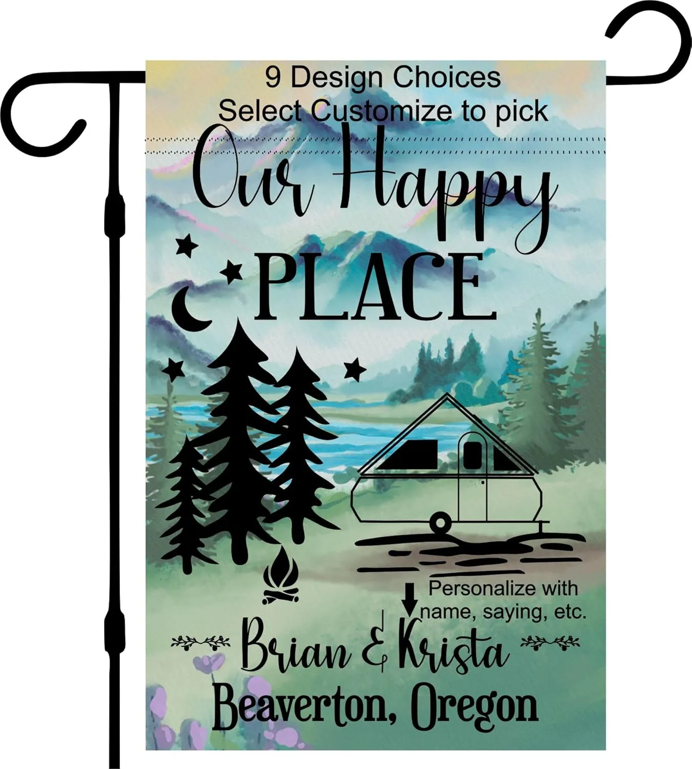 Lake Campsite camper garden flag personalized, Custom outdoor camping decoration sign, unique yard decor for RV travel trailer, Motorhome, tent, van life (A Frame Popup camper)
