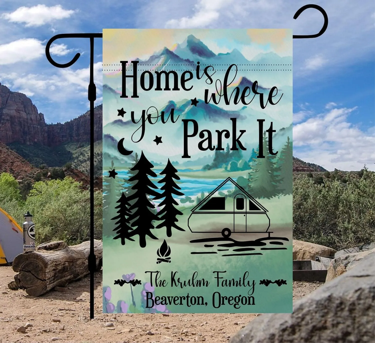 Lake Campsite camper garden flag personalized, Custom outdoor camping decoration sign, unique yard decor for RV travel trailer, Motorhome, tent, van life (A Frame Popup camper)