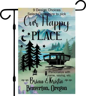 Lake Campsite camper garden flag personalized, Custom outdoor camping decoration sign, unique yard decor for RV travel trailer, Motorhome, tent, van life (Solid Popup Camper)