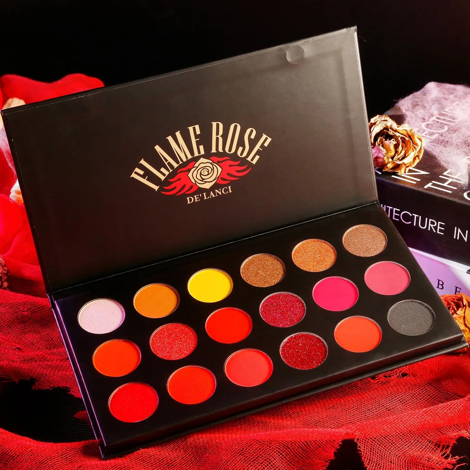 LAKSMI 18 ColorsGoth Eyeshadow Palette, Matte Glitter Highly Pigmented, Brown Black Yellow Sunset Warm Fall Eye Shades, Long Lasting Smooth Texture, Clown Vampire Halloween Christmas Palette (Red)