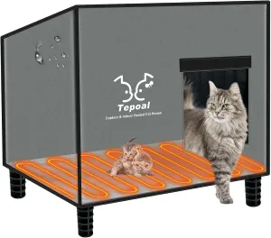 Large Indestructible Heated Cat House for Outside, Extremely Waterproof & Weatherproof Heated Outdoor Cat House for Winter, Fully Insulated Feral Cat Shelter for Outdoor Barn Cats Strays, 20x16x20 in