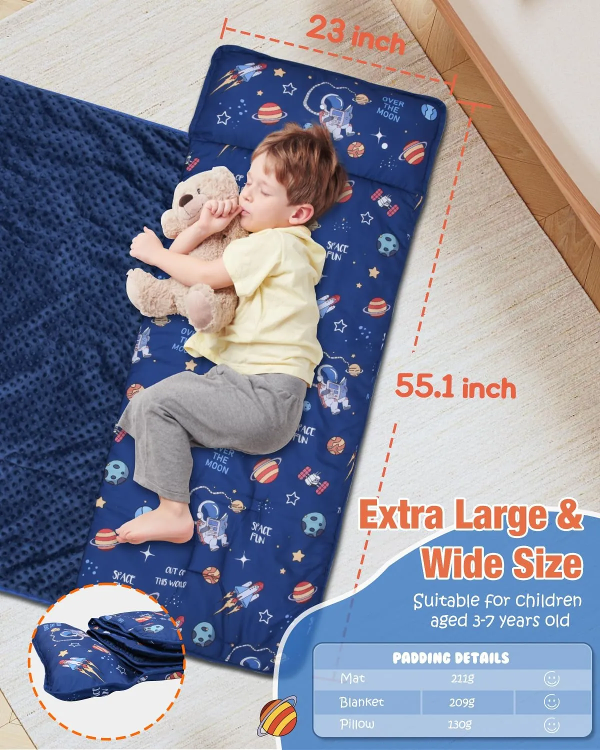 Largest Toddler Nap Mat with Pillow & Blanket, 55.1''x 23'' Soft Toddler Sleeping Mat Roll Up Portable Nap Mats for Preschool, Daycare Kids Nap Mat, Slumber Bags for Boys Girls
