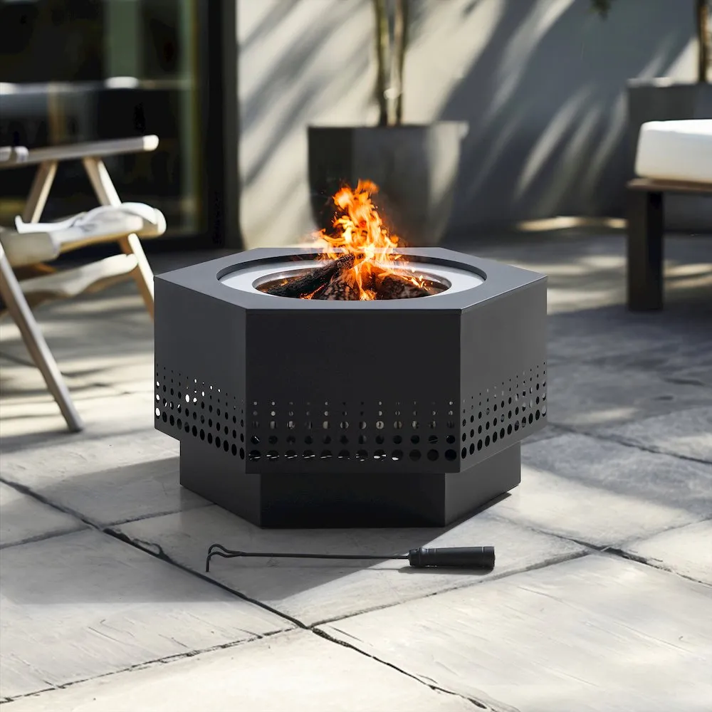 Lawrence 28. Black Steel Wood Burning Outdoor Smokeless Fire Pit with PVC Cover - Sunjoy
